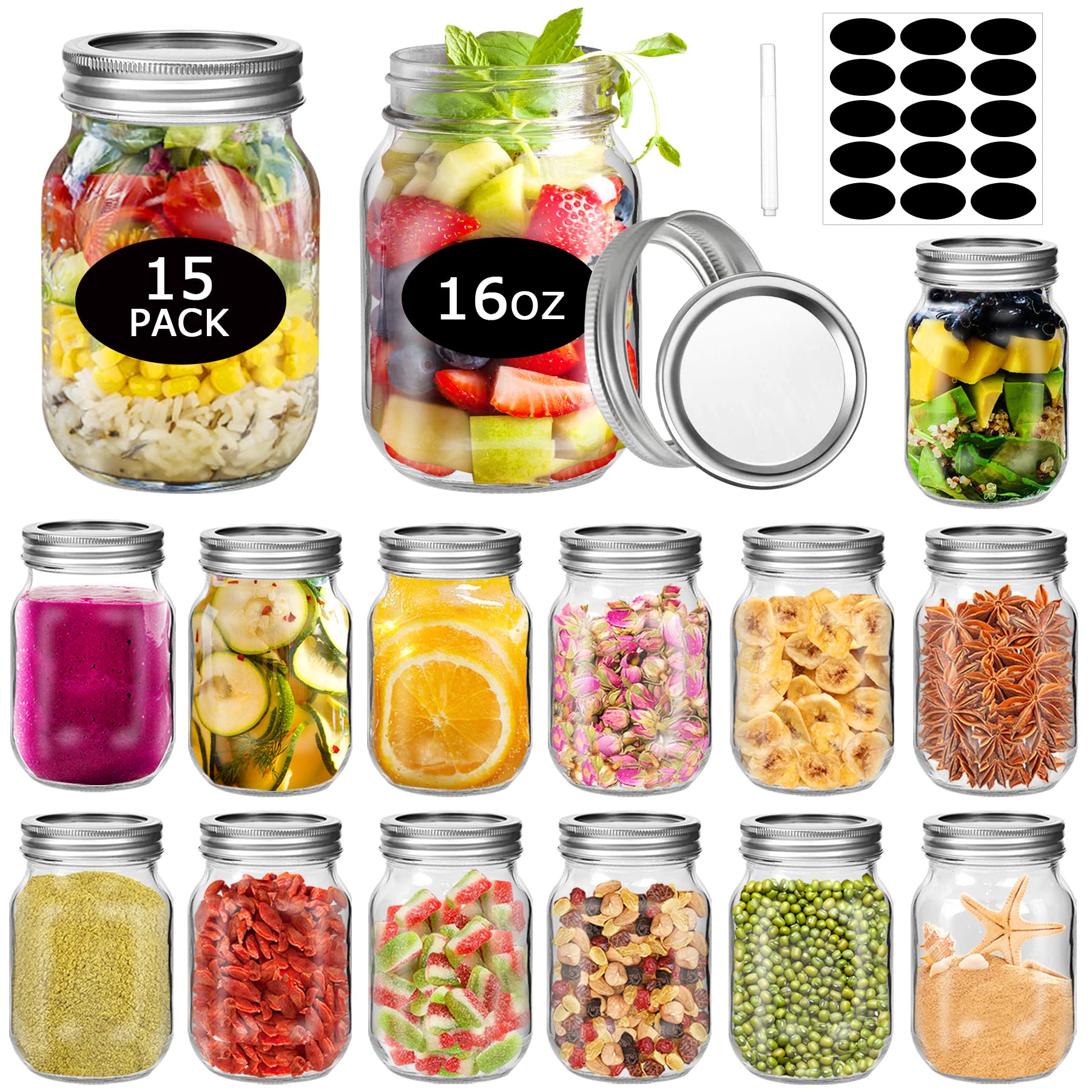 SLifeJars Mason Jars 15 Pcs 16OZ Regular Mouth Clear Glass Mason Canning Jars with Airtight Leak-Proof Lids and Bands Eco-Friendly and Reusable Eas...