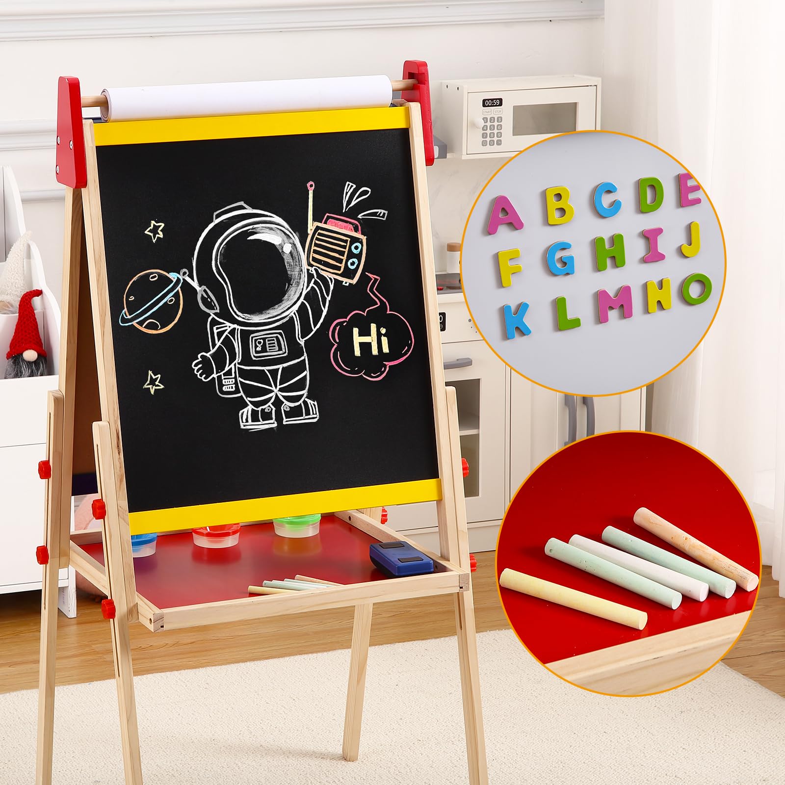Art Easel for Kids, Adjustable Standing Kids Easel, Kids Easel Double Sided Wooden, White Board & Magnetic Drawing Board & Paper Roll, Paint Art Set for Kids Toddlers 2-4 4-8 9-12 （3+）