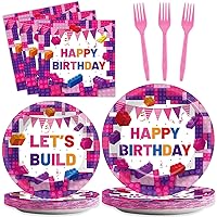 25 Guests Building Block Party Plates Napkins Supplies Set Pink Happy Birthday Disposable Paper Tableware Dinnerware Building Block Party Decoration Favors for Girls