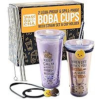Reusable Boba Tumbler & Straw Set with Stainless Steel Straw - Reusable Bubble Tea Cups - Includes Cup Carrier, Sleeve & Boba Gifts - Gift for Boba Lovers & Tea Enthusiasts 2-Pack