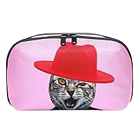 Waterproof Makeup Pouch Handsome Mr Cat with Black Suit Red Top Hat Pink Makeup Bag Organizer Travel Zip Toiletry Bag Small Cosmetic Case Beauty Bag for Teens Girls Women