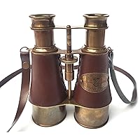 6 Inches Antique Solid Brass Brown Leather Binoculars for Adults with Leather Neck Strap ; Hunting, Shooting, Bird Watching & Marine Binoculars