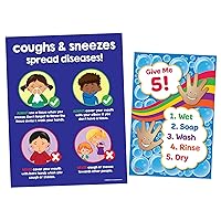 Safety Magnets Healthy Kids 2 Pack — Give Me 5 Handwashing Poster (12 x 18) — Cover Your Cough Poster (17 x 22) — Kid's Hygiene Posters — School Nurse Office Decor — LAMINATED