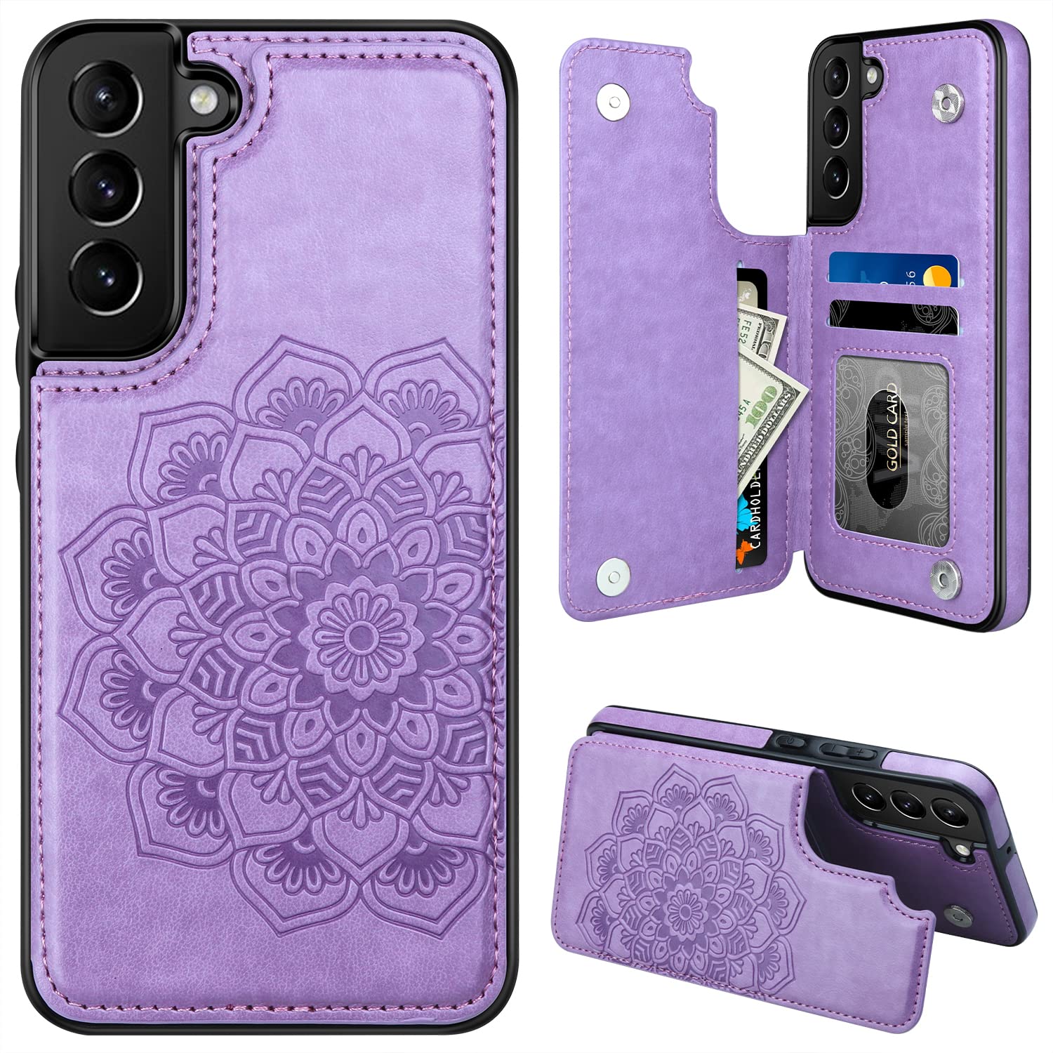 MMHUO for Samsung Galaxy S22 Case with Card Holder,Flower Magnetic Back Flip Case for Samsung Galaxy S22 Wallet Case for Women,Protective Case Phone Case for Samsung Galaxy S22 5G (2022),Purple