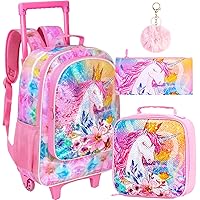 Rolling Backpack for Girls and Boys,Kids Unicorn Dinosaur Bookbag with Roller Wheels, Suitcase School Bag Set