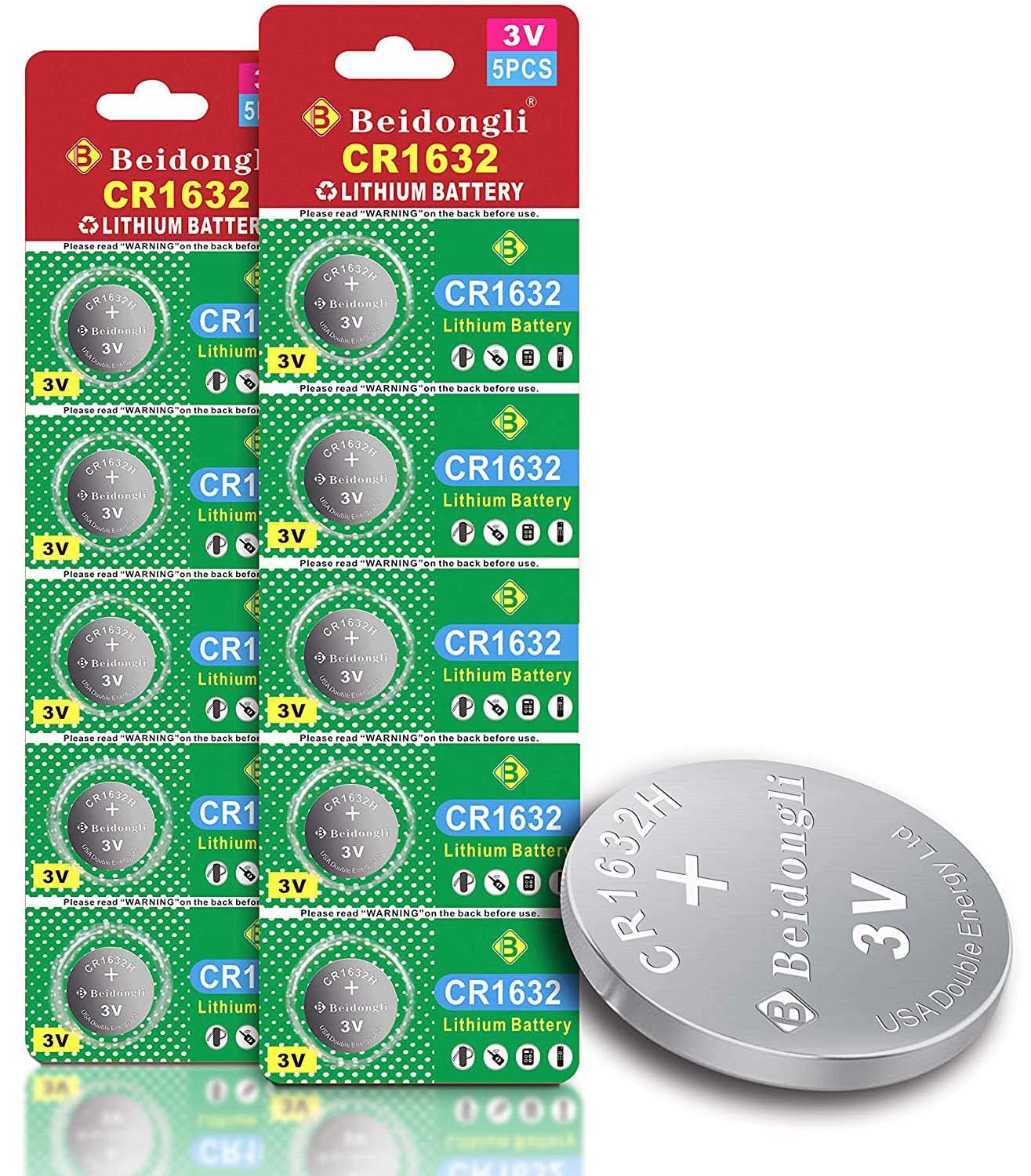 Beidongli CR1632 3 Volt Lithium Coin Cell Battery (10 Batteries)【5-Years Warranty】
