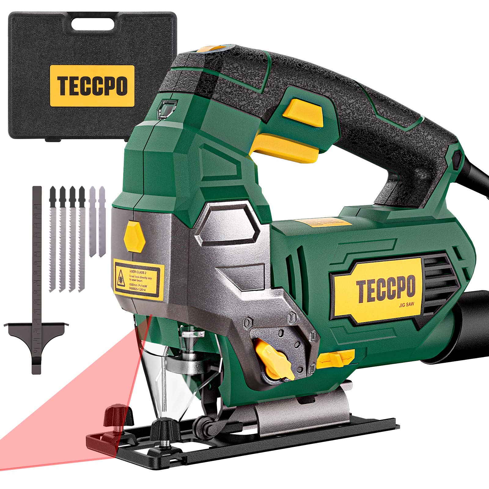 Jigsaw, TECCPO 6.5 Amp 3000 SPM Jig Saw with Laser, 6 Variable Speed, 6 Blades, ±45° Bevel Cutting, 4 Orbital Settings, Pure Copper Motor, with Carrying Case - TAJS01P
