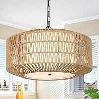 Farmhouse Chandelier Light Fixture,4-Light Rattan Boho Chandeliers for Dining Room with Fabric Shade,Hand Woven Large Rattan Dining Room Light Fixture for Kitchen Bedroom Island Hallway