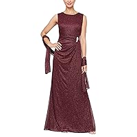 S.L. Fashions Women's Long Glitter Mesh Sleeveless Dress With Embellished Waist and Shawl