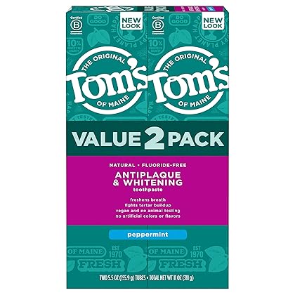 Tom's of Maine Fluoride-Free Antiplaque & Whitening Natural Toothpaste, Peppermint, 5.5 oz. 2-Pack (Packaging May Vary)