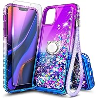 NGB Compatible with iPhone 11 Case with Tempered Glass Screen Protector, Ring Holder/Wrist Strap, Girls Women Liquid Bling Sparkle Floating Glitter Cute Phone Case (Purple/Blue)
