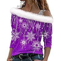 Christmas Off The Shoulder Tops For Women Fleece Long Sleeve Shirts Trendy Pattern Xmas Holiday Sweatshirts