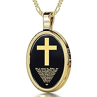 Jewelry Christian Cross Necklace Inscribed with Colossians in 24k Gold on Oval Black Onyx Stone, 18