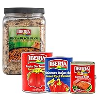 Iberia Sweet Red Pimientos 27.5 Ounce + Iberia Tomato Paste, 28 oz + Iberia Corned Beef 12 oz + + Iberia Rice and Black Beans Jar 3.4 lb.