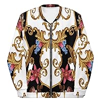 Unisex Bomber Jacket For Women Men Streetwear Floral Bloom Flared Gold White