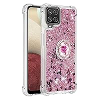 Shockproof Case for Samsung Galaxy A12 5G,Glitter Bling Shine Diamond Heart Rainbow Quicksand Transparent TPU Shell with Rotating Finger Ring Kickstand