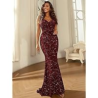 Fall Dresses for Women 2023 Sequin Decor Mermaid Hem Prom Dress Dresses for Women (Color : Burgundy, Size : Large)