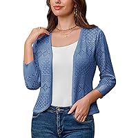 GRACE KARIN Women's Cardigans 3/4 Sleeve Open Front Cropped Cardigan Hollow Out Knit Shrugs for 2024 Summer