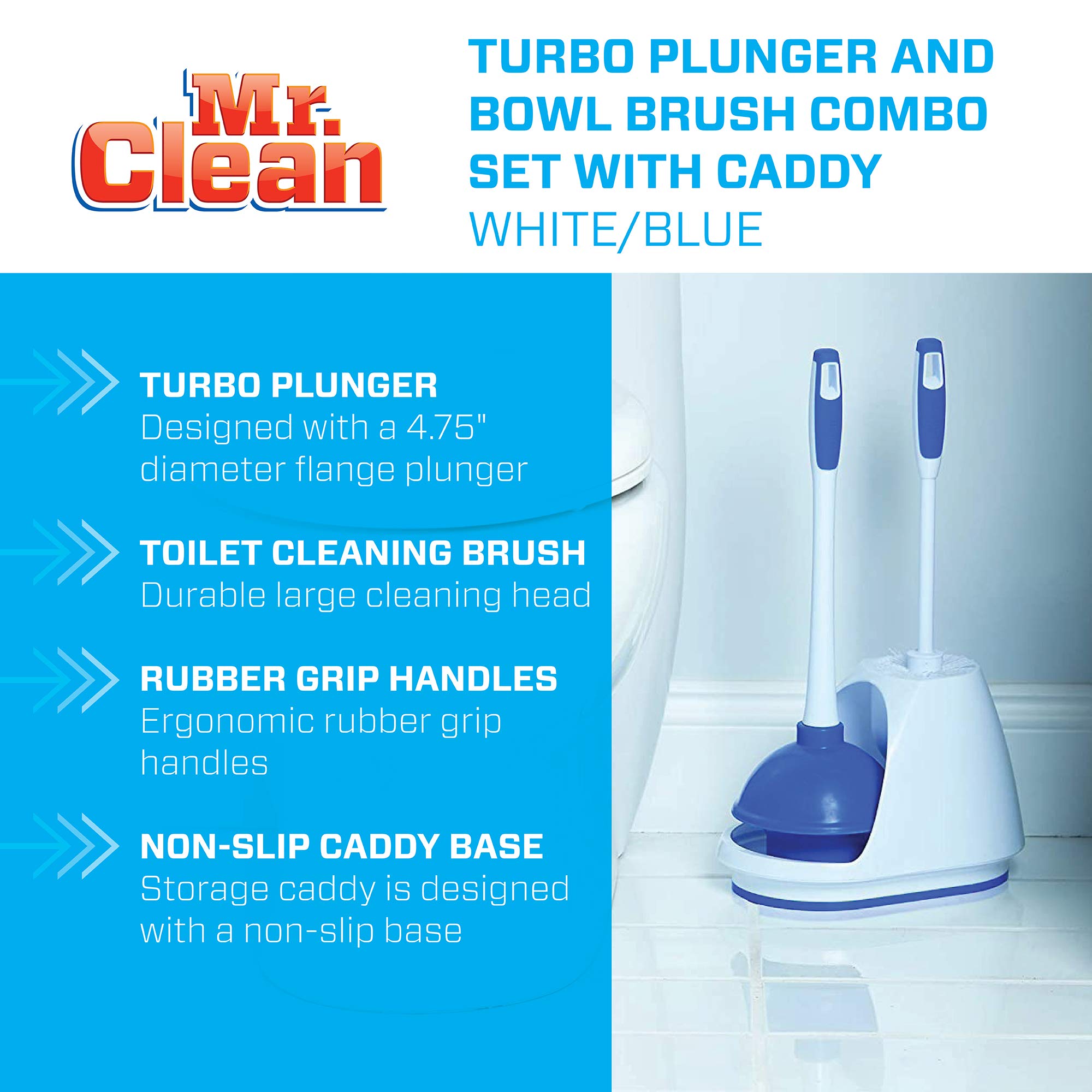 Mr. Clean Turbo Plunger and Bowl Brush Caddy Set, Toilet Brush Plunger Combo 5-1/2 In.