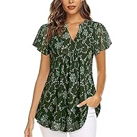 Youtalia Women's Short Sleeve Tunic Tops Layered Notch V-Neck Casual Shirts Floral Printed Dressy Blouses