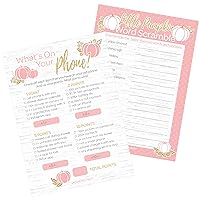 DISTINCTIVS Pink and Gold Little Pumpkin Girl Baby Shower - What's On Your Phone and Word Scramble (2 Game Bundle) - 20 Dual Sided Cards