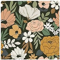 HAOKHOME 93217 Vintage Large Floral Peel and Stick Wallpaper Removable Daisy Leaf Black/Sand/Oliva Vinyl Self Adhesive Mural 17.7in x 32.8ft