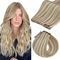 Fshine Weft Real Human Hair Extensions for Women Color#16P22 Ash Blonde and Golden Blonde 16 Inch 50g Highlight Hair Bundle Sew in Human Hair Extensions Human Hair Weft Remy Human Hair