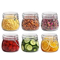 Airtight Glass Jars Set of 6 with Lids 17oz Food Storage Jar Round - Storage Container with Clear Preserving Seal Wire Clip Fastening for Kitchen Canning Cereal,Spice,Sugar,Overnight oats