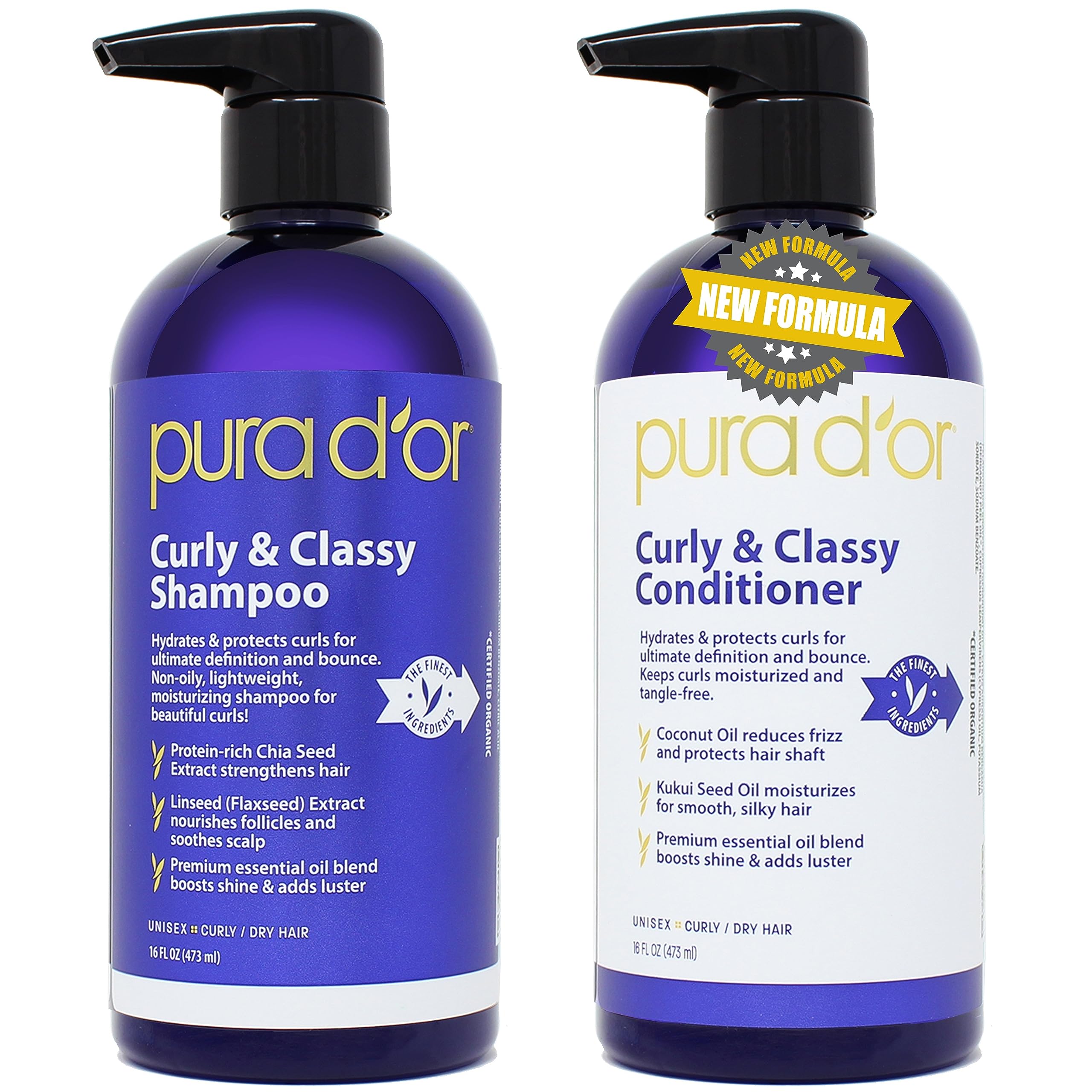 PURA D'OR Curly & Classy Shampoo & Conditioner Curl Hair Care Set For Luscious & Defined Curls, Nourishing Formula with Argan Oil, Castor Oil, Geranium Oil, Coconut Oil & Kukui Seed Oil