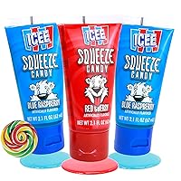 ICEE Squeeze Candy Gel Tubes, Blue Raspberry and Cherry Flavored Squeezable Liquid Candies, Movie Night Snacks or On The Go Sweets, 3 Pack, 2.1 Ounces
