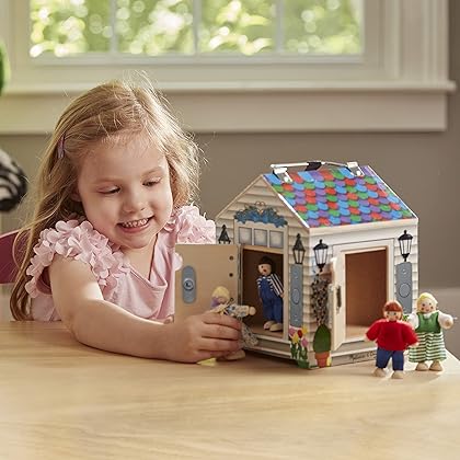 Melissa & Doug Take-Along Wooden Doorbell Dollhouse - Doorbell Sounds, Keys, 4 Poseable Wooden Dolls - Portable Doll House, Doorbell House For Kids Ages 3+