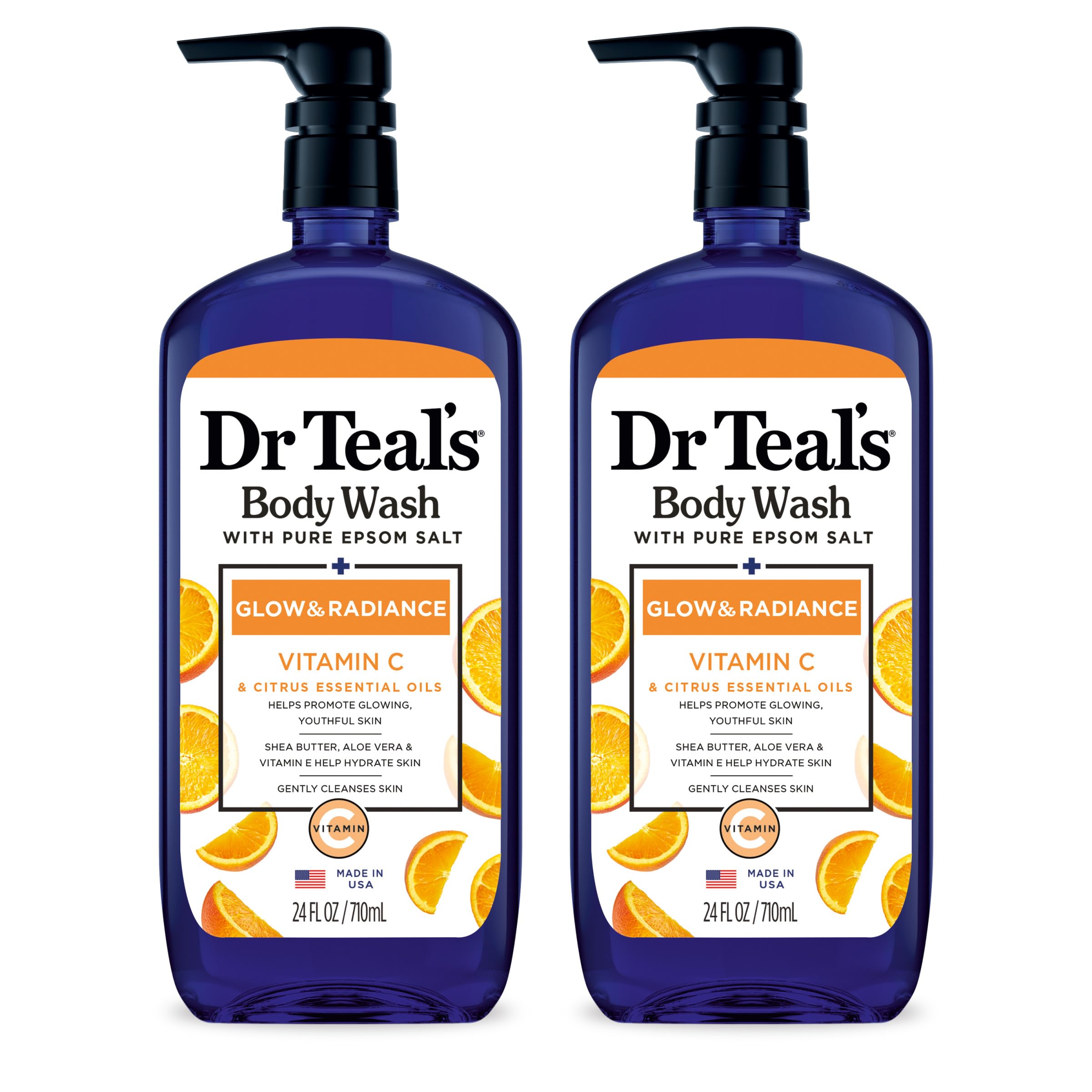 Dr. Teal's Body Wash with Pure Epsom Salt, Glow & Radiance with Vitamin C & Citrus Essential Oils, 24 Fl oz (Pack of 2)