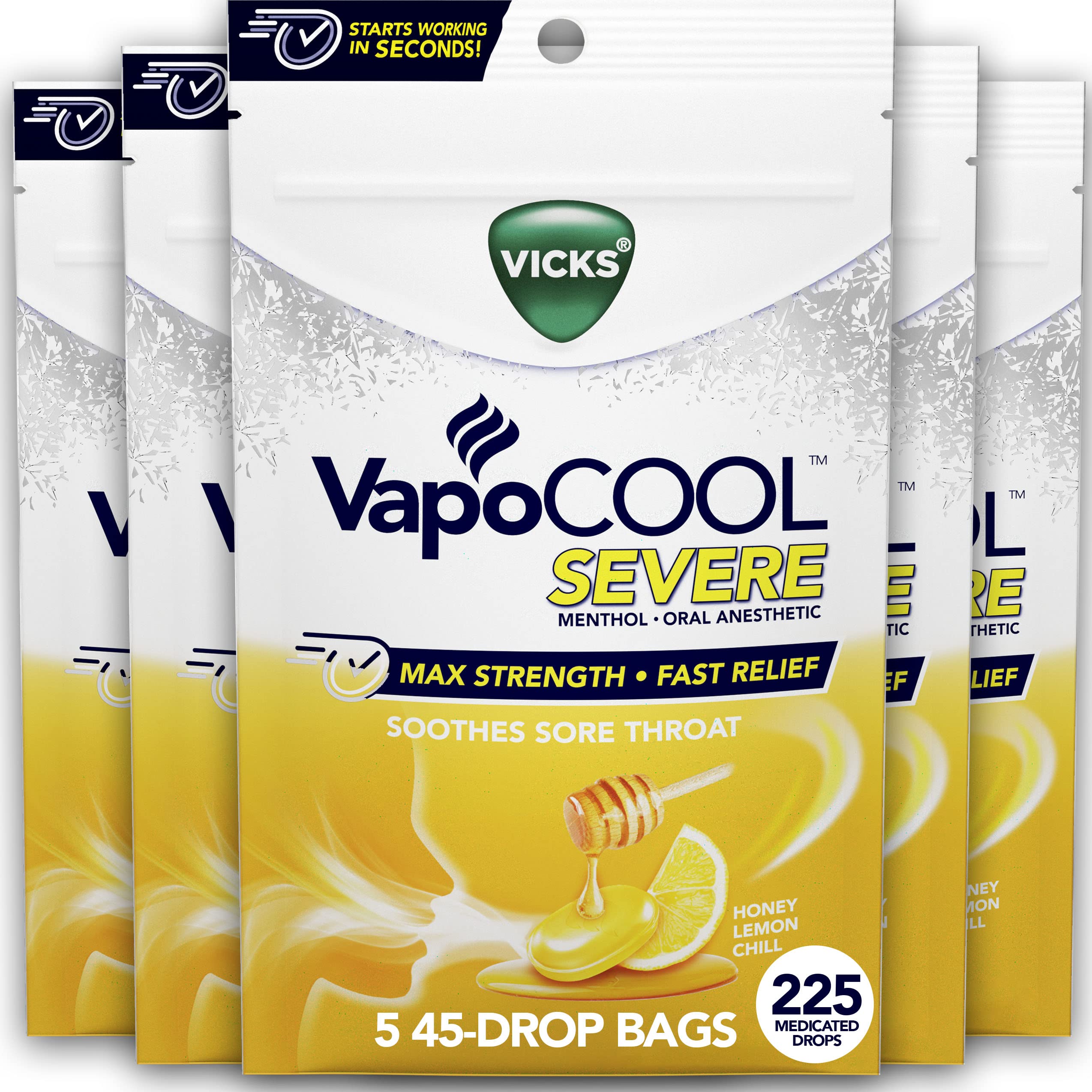 Vicks VapoCOOL Severe, Medicated Drops, Menthol Soothes Sore Throat Pain Caused by Cough, Honey Lemon Chill Flavor, 225 Drops (5 Packs of 45)