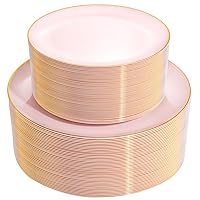 PULOTE 100PCS Pink Plastic Plates - Heavy Duty Pink Disposable Plates - Pink and Gold Plastic Plates Include 50PCS Pink Dinner Plates, 50PCS Pink Dessert Plates for Party,Wedding&Mothers Day