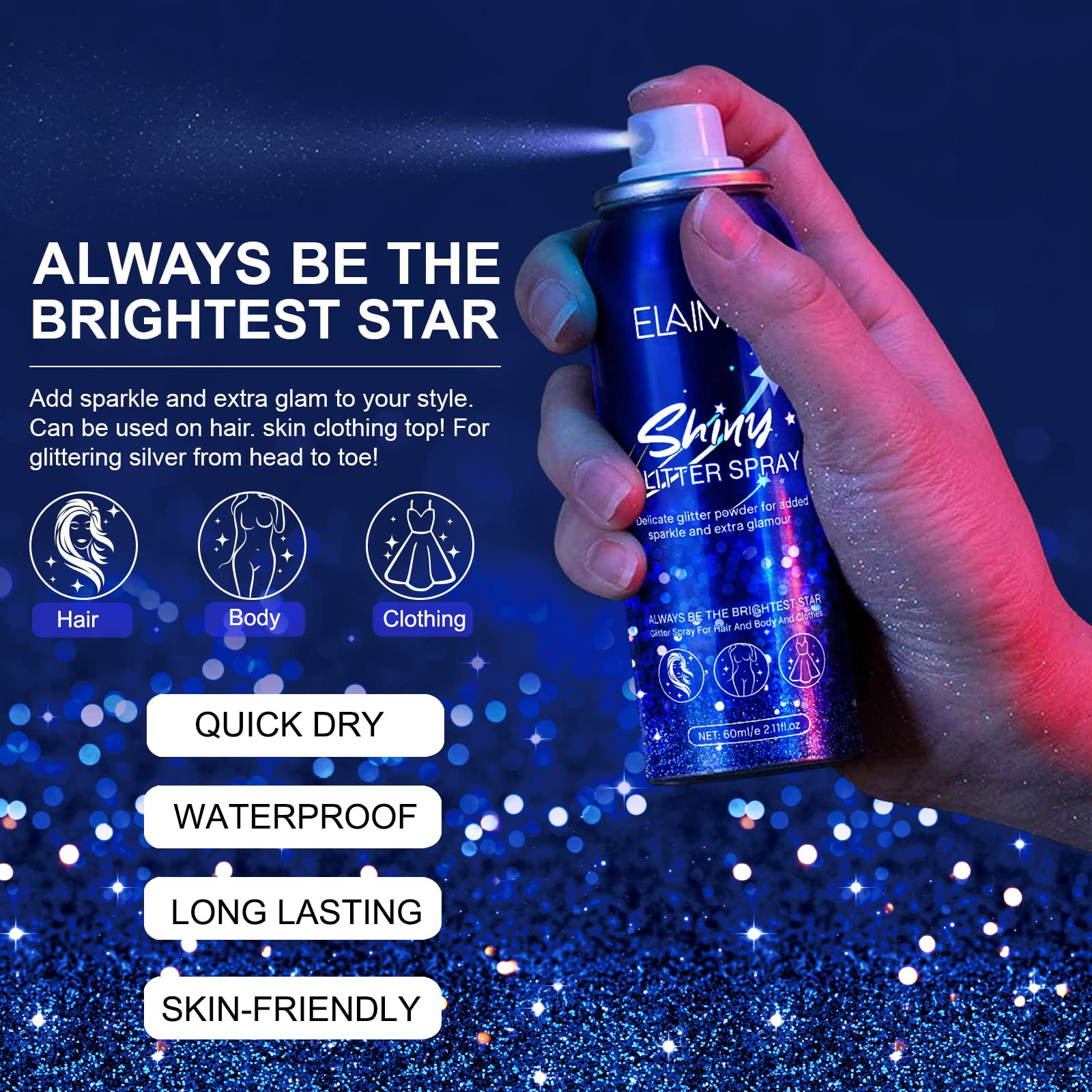 Shiny Glitter Spray, Body Glitter Spray, Hair Glitter Spray, Glitter Spray for Hair and Body (2.11 oz)