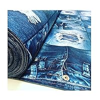 DIGI Denim Jeans Effect Fabric for Interior Decoration, Curtains - Blue Denim Patchwork Cotton Material - Digital Denim Print Canvas - 55'' Wide (PER Yard)