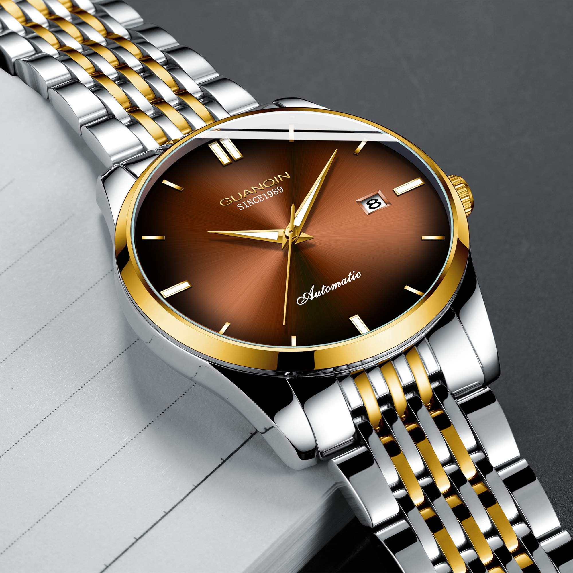 GUANQIN Men Date Luminous Analog Japanese Automatic Self Winding Mechanical Wrist Watch with Stainless Steel Bracelet
