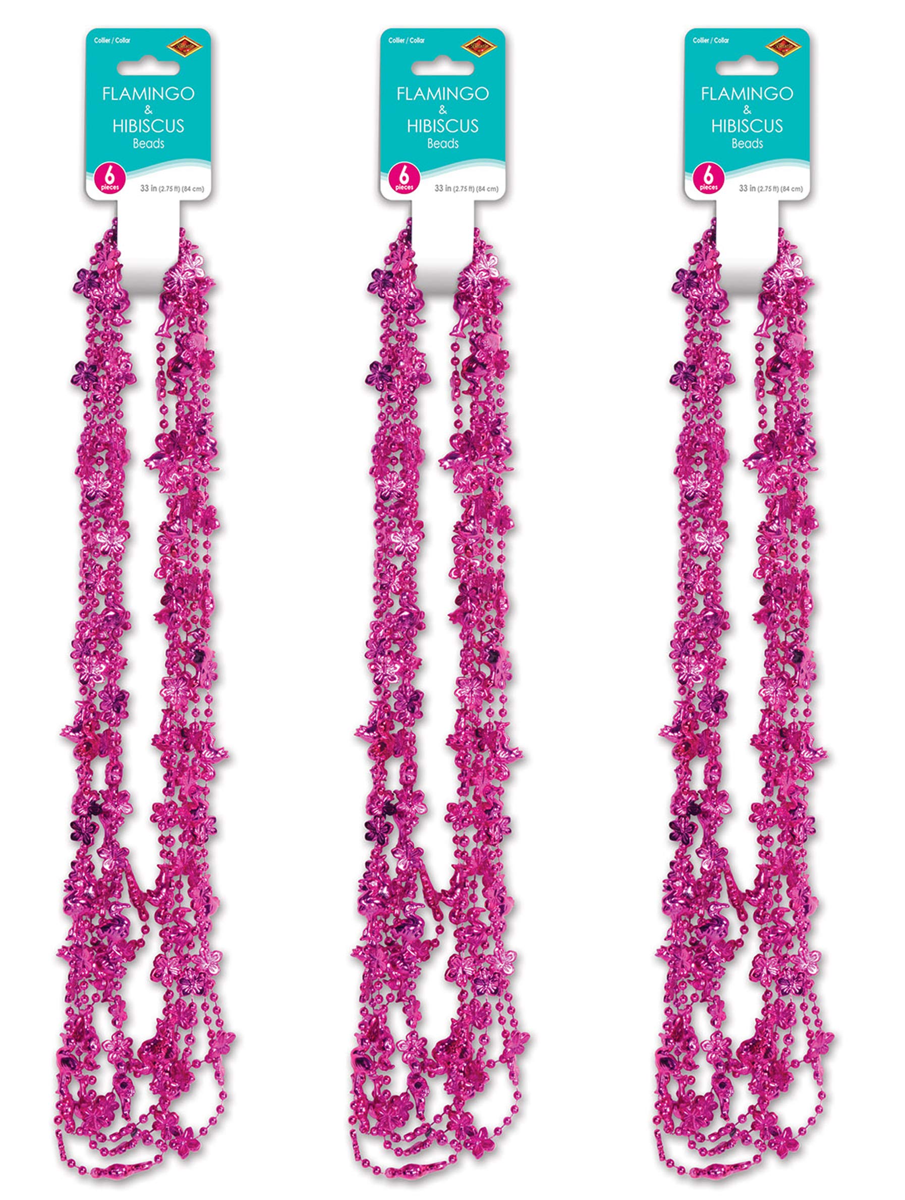 Beistle unisex 18 Piece Pink Plastic Flamingo And Hibiscus Beaded Necklaces Hawaiian Tropical Luau Party Favor Supplies, 33