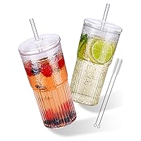 High Borosilicate Glass Tumbler Cup with Lid and Straw, 22oz Clear Iced Coffee Glass Cups Drinking Jars Glasses Smoothie Tea Cup with Straws, Wide Mouth Water Tumbler With Muffler Ring - 2 Pack