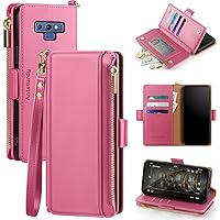 Antsturdy Samsung Galaxy Note 9 case Wallet with Card Holder for Women Men,Galaxy Note 9 Phone case RFID Blocking PU Leather Flip Shockproof Cover with Strap Zipper Credit Card Slots,Hot Pink
