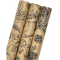 MAYPLUSS Kraft Christmas Wrapping Paper Roll - 3 Mini Roll -17in x120in Per roll,Kraft Vintage Wrapping Paper,Rustic Print for Party,Birthday,Baby Shower,Natural Paper Roll Design (42.3 sqft)
