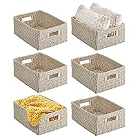 Seagrass Large Woven 16 Inch Wide Rectangular Organizing Basket w/Built-In Handles for Kitchen, Pantry Shelves, Bathroom Storage; Holds Fruit, Canned Goods - 6 Pack - Natural