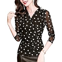 Women's Mesh Top Fashion Cross V Neck Long Sleeve Polka Dot Printing Pleated Patchwork Blouses Elegant Work Shirts