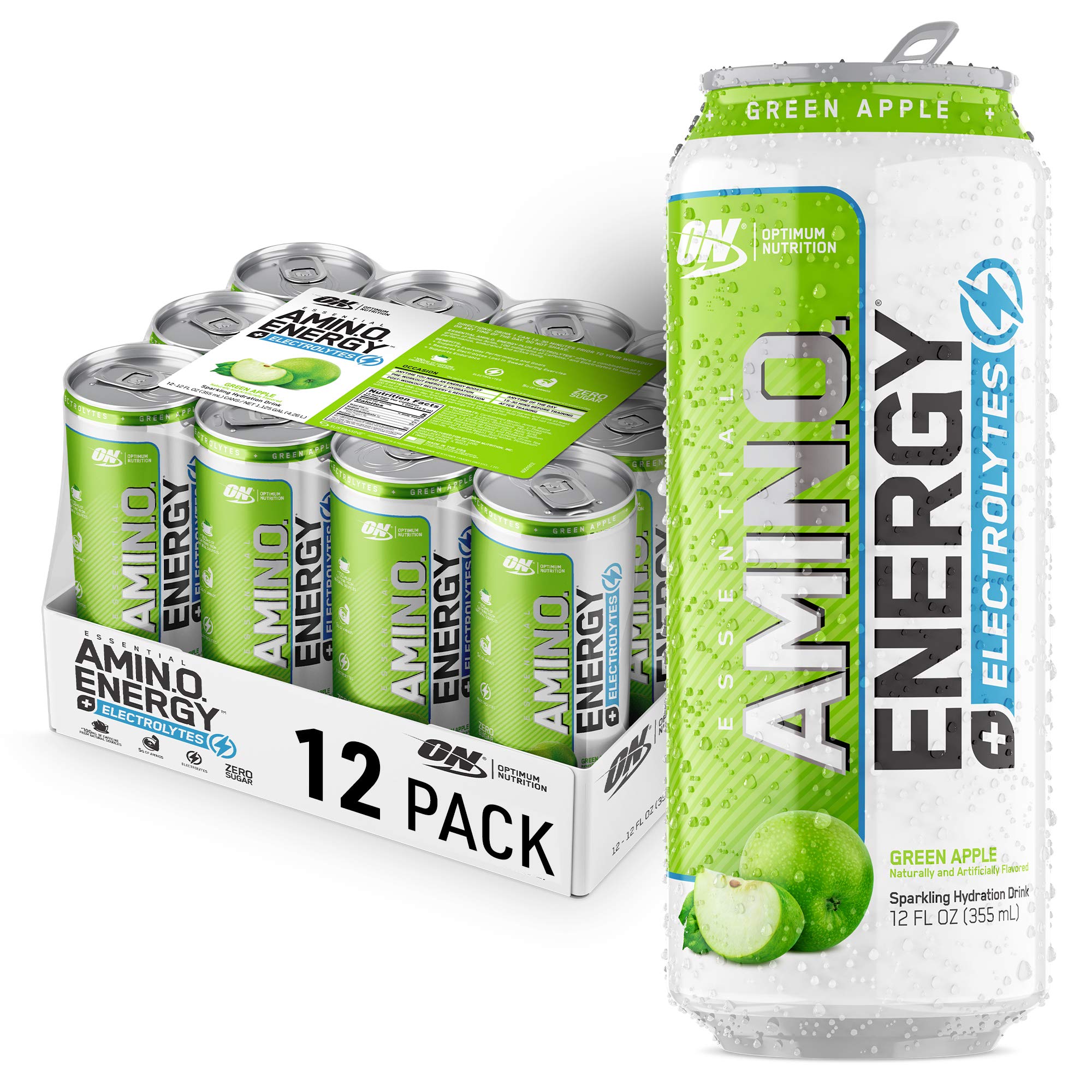 Optimum Nutrition Amino Energy Drink Plus Electrolytes for Hydration, Sugar Free, Caffeine for Pre-Workout Energy and Amino Acids/BCAAs for Post-Workout Recovery - Green Apple, 12 Fl Oz (12 Pack)