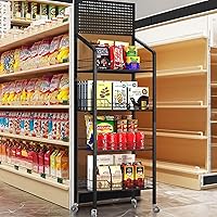 Retail Candy Snack Display Rack, 4-Tier Black Metal Storage Shelf Brackets With Wheels & Hooks Multifunctional, Home Theater Concession Stand Snack Shelf Organizer For Pantry Kitchen, Black