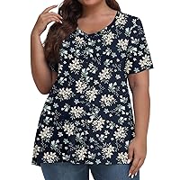 Womens Plus Size Tops Short Sleeve Crewneck Shirts Casual Loose Floral Print Spring and Summer Blouses