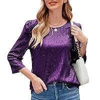 JASAMBAC 3/4 Sleeve Sequin Tops for Women Party Shimmer Embellished Sparkle Glitter Party Puff Tunic Top Blouse