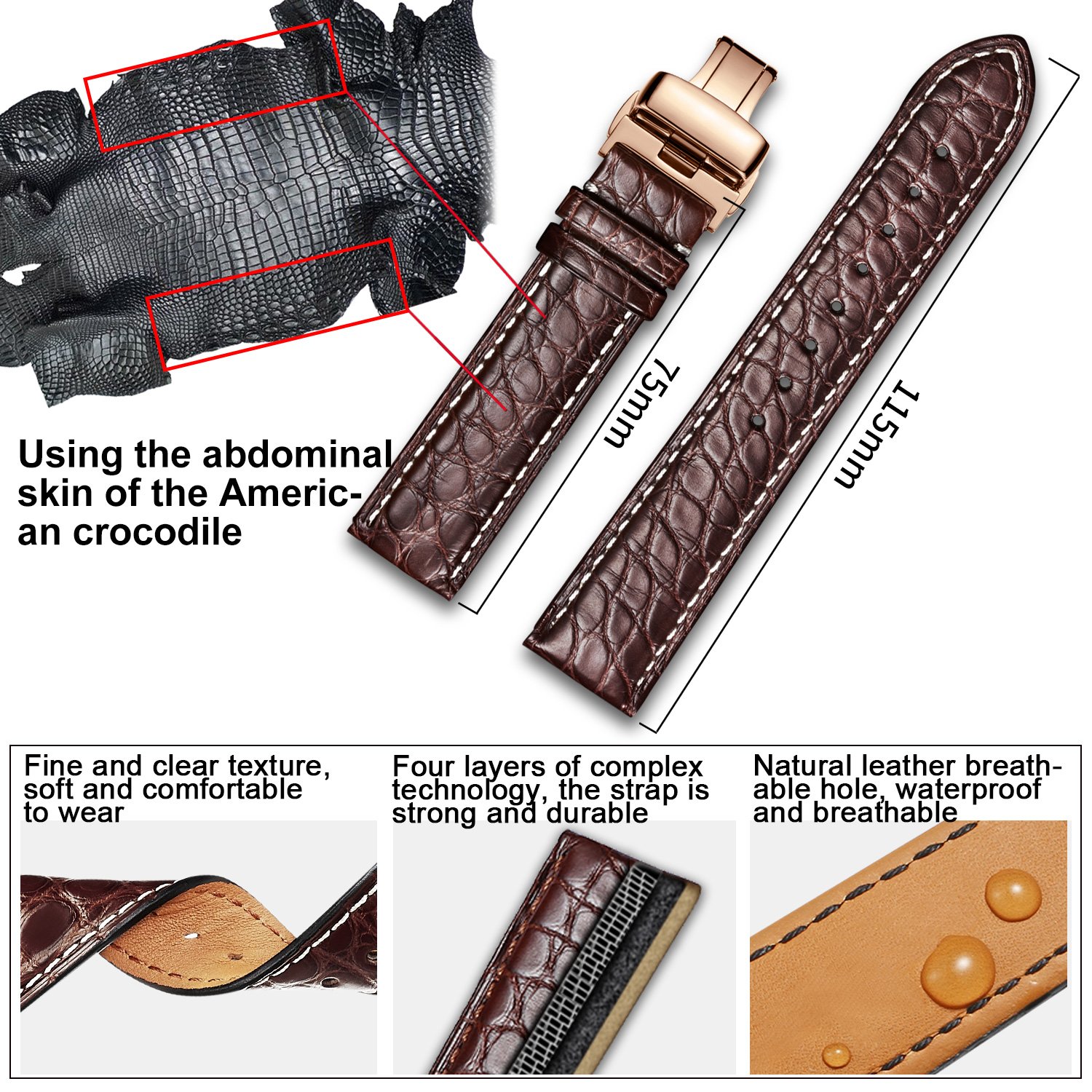 Alligator Leather Watch Strap Deployment Buckle for Men Watch's Band and Women's Watch Band 18mm 19mm 20mm 21mm 22mm 23mm 24mm