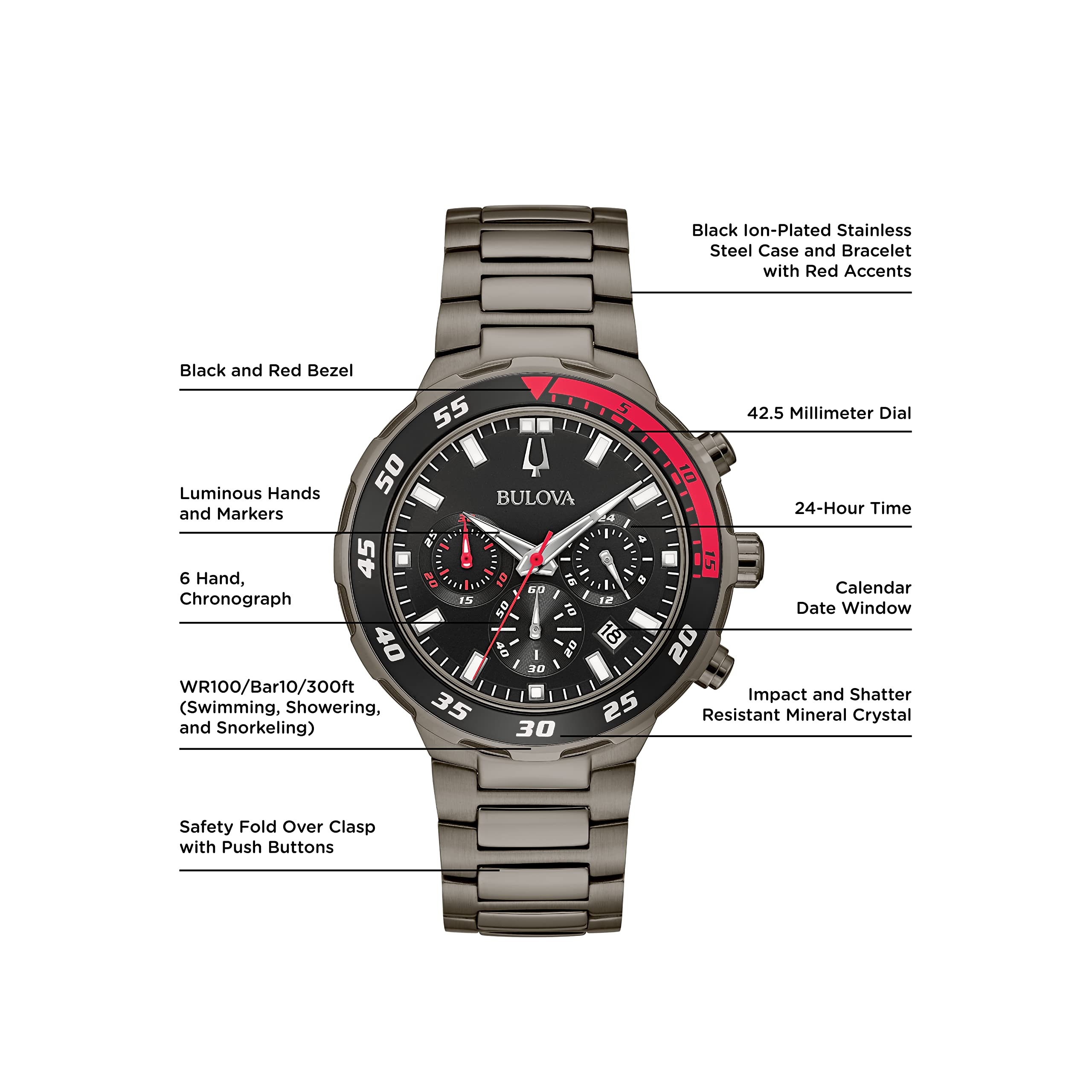 Bulova Men's Classic Sport Black Ion Plated Stainless Steel 6 Hand Chronograph Quartz Watch : 98B365