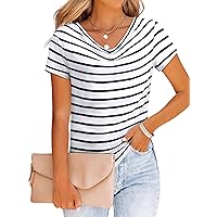 Dresswel Striped Shirt Women Cowl Neck Short Cap Sleeve Tops Cute Tshirt Dressy Casual Office Work Blouse Summer Outfits 2024